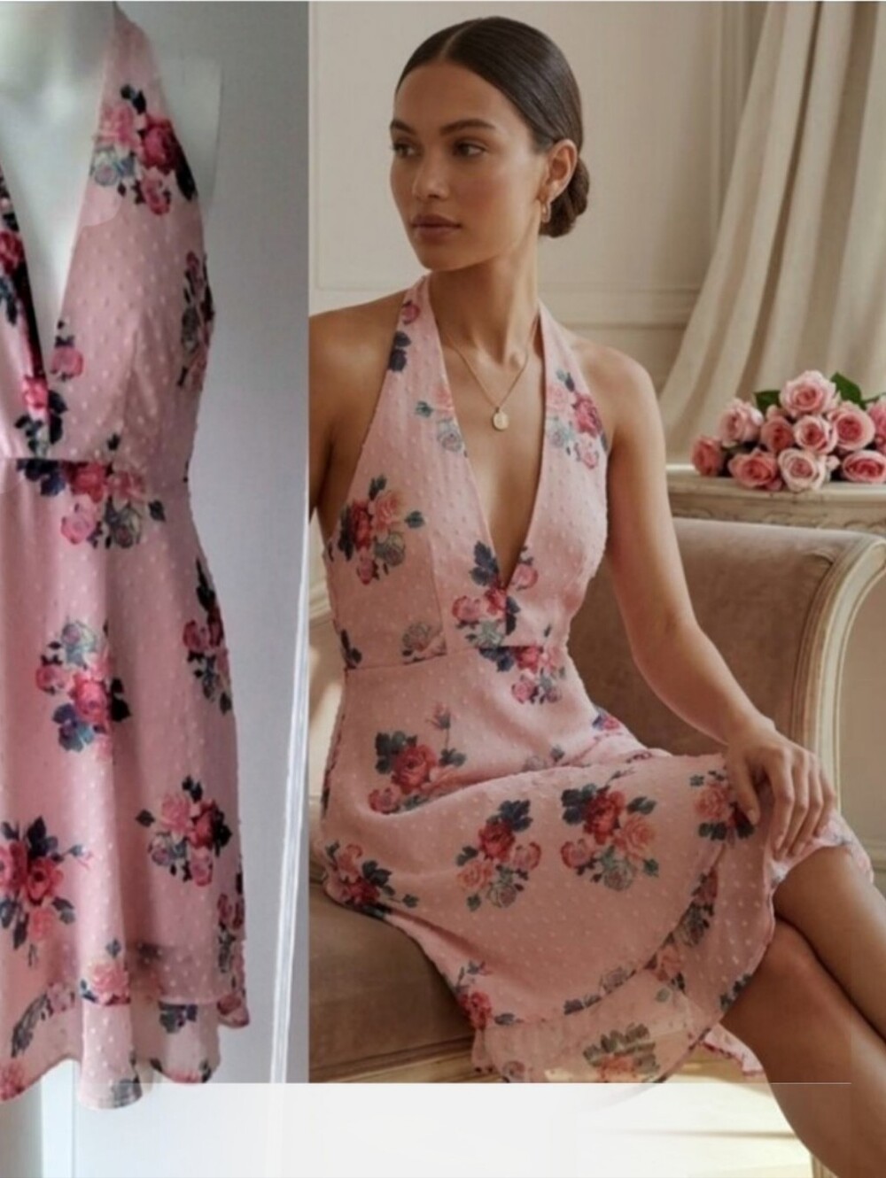 19 Cooper Pink Floral Halter V-Neck Dress